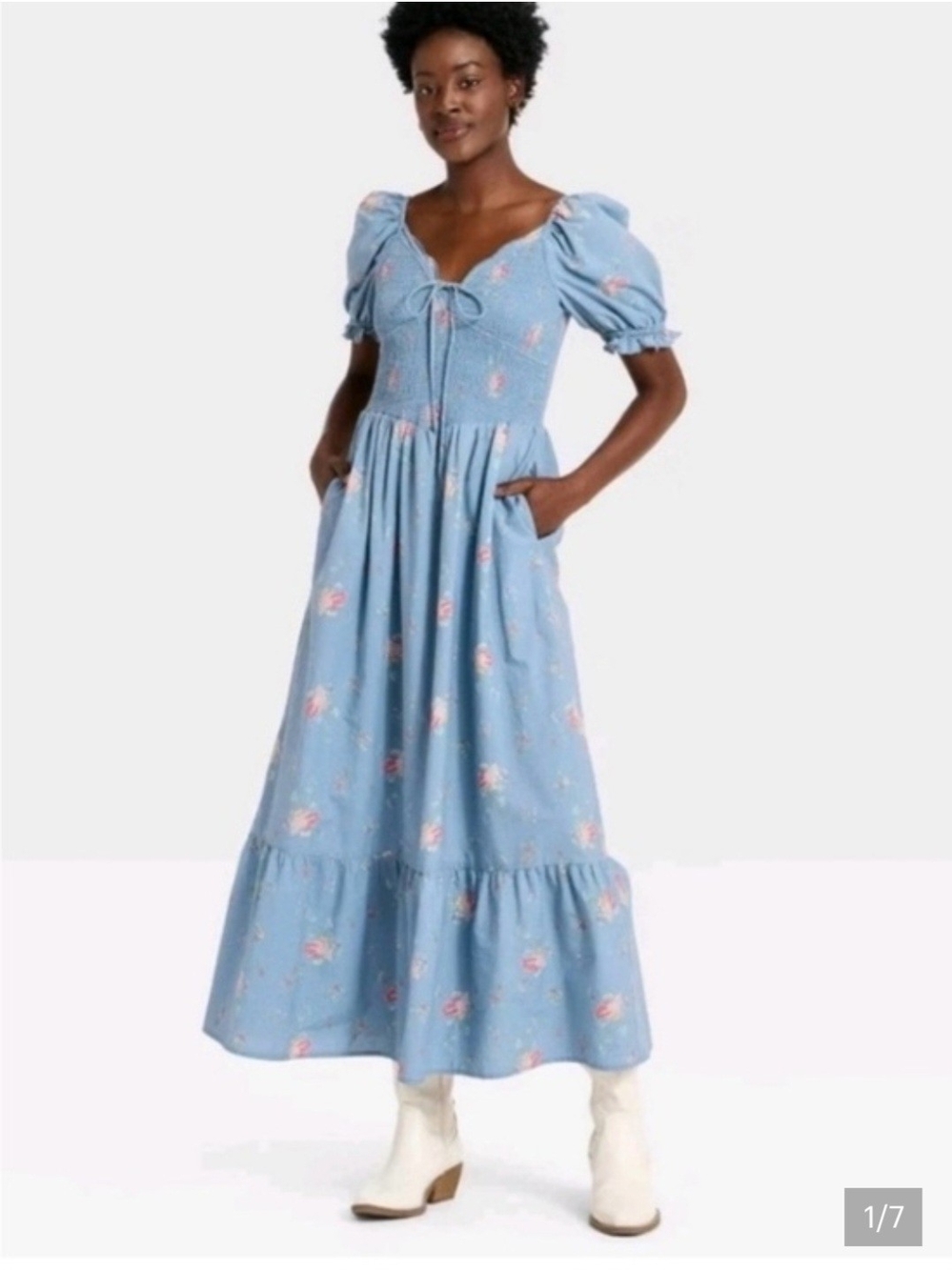 Universal Thread Blue Floral Puff-Sleeve Maxi Dress with Tie Size Small NWT